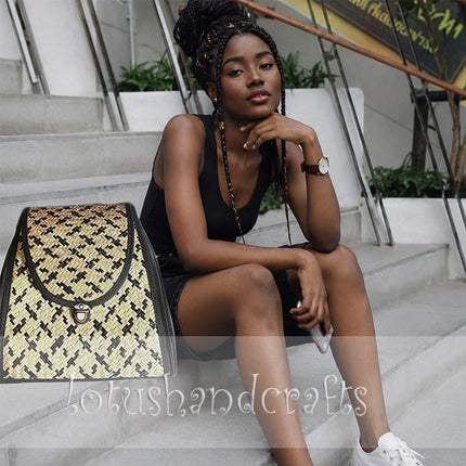 Handwoven seagrass backpack featuring a stylish houndstooth pattern.