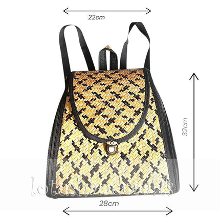 Handwoven seagrass backpack in a stylish houndstooth pattern.