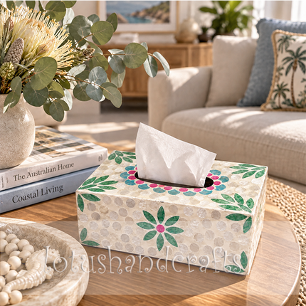Flat layout view highlighting the intricate multi-color floral mosaic details made of natural shell fragments on the top surface of the tissue holder.