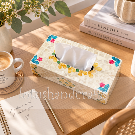 Elegant Golden Floral Mother of Pearl Mosaic Tissue Box featuring warm golden tones and intricate natural shell craftsmanship on a modern tabletop.