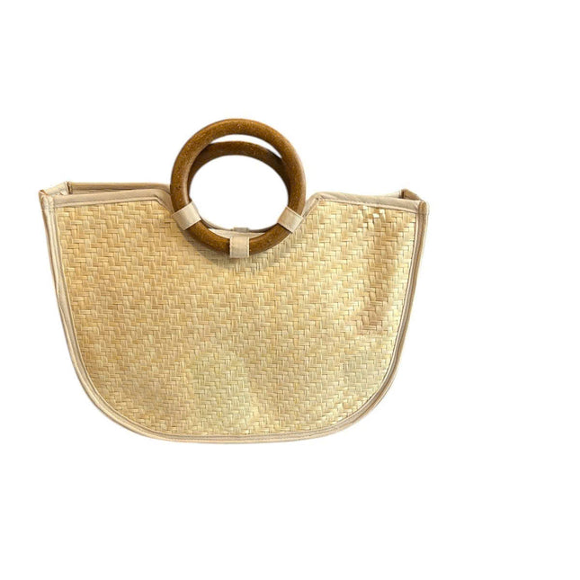 Handwoven Straw Tote Bag with Wooden Ring Handle by Lotushandrafts.
