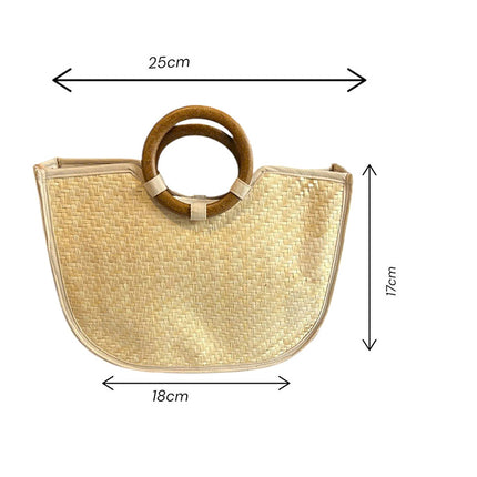 Handwoven straw tote bag with wooden ring handles size.