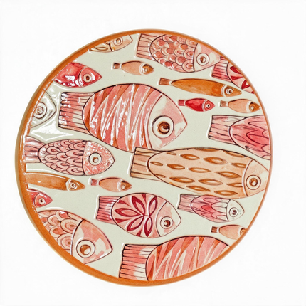 A round ceramic coaster featuring a charming collection of colorful artistic fish in terracotta, coral pink, peach and orange tones.