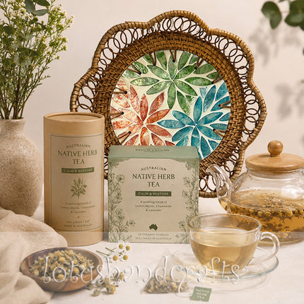 Cute handwoven rattan tray with Twelve Petal Botanical Rosette inlay.