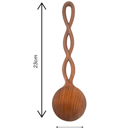 Hand carved twisted long handle wooden spoon with practical size for comfortable everyday kitchen use.