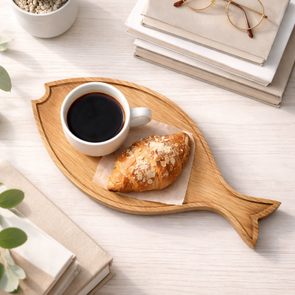 Wooden fish serving tray made from natural wood brings a cute and charming touch.