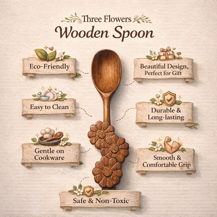 Handcrafted wooden spoon with three flower handle design ensures safe use and brings natural beauty to your kitchen and home decor.