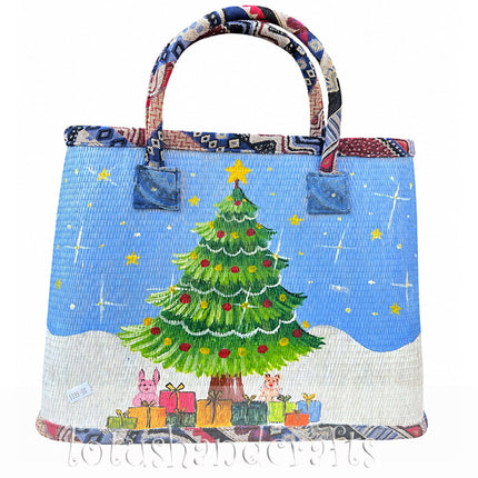 Handmade woven seagrass tote bag with a cute painted Christmas tree design.