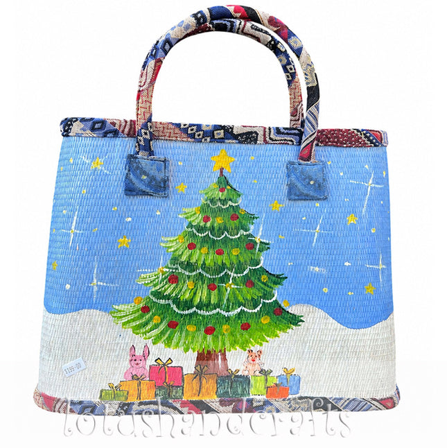 Handmade woven seagrass tote bag with a cute painted Christmas tree design.