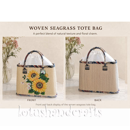 Handwoven seagrass tote bag with vibrant hand painted sunflowers and captivating charm.