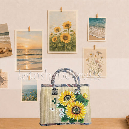 Handwoven Seagrass Tote Bag with Vibrant Hand Painted Sunflowers and Elegant Design.