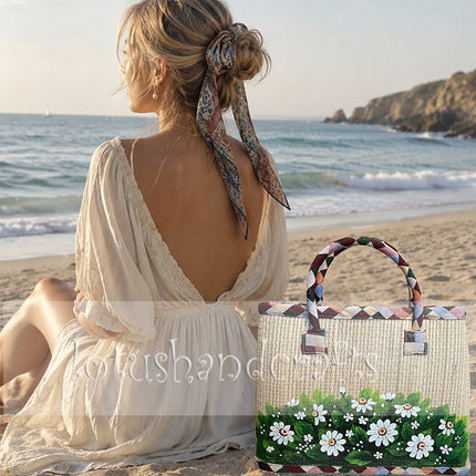 Handwoven Seagrass Tote Bag with Hand-Painted Wild Daisy Meadow Design.