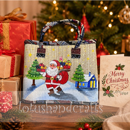 Handwoven seagrass tote bag with a delicate Christmas gift painting.