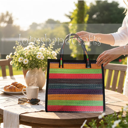 Natural handwoven colorful seagrass tote bag.