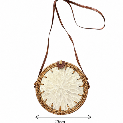 Handcrafted Pearl Flower Round Rattan Crossbody Bag with Mother of Pearl Inlay by Lotushandcrafts