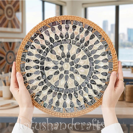 Round Rattan Mother of Pearl Teardrop Mosaic Charger Plate & chager plate.