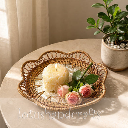 Handwoven Rattan Tray with Natural Capiz Shell Mosaic Inlay, Chic Home Decor.