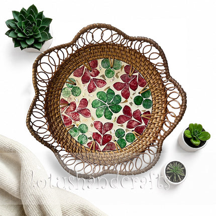 Cute Handwoven Rattan Tray with Pressed Botanical Leaf Mosaic Inlay.