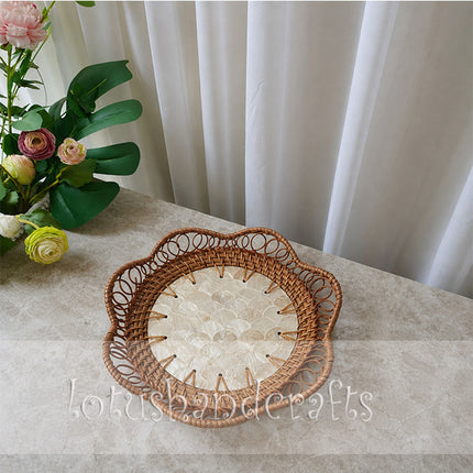 Handwoven Rattan Tray with Natural Capiz Shell Mosaic Inlay, Sophisticated Table Decor.