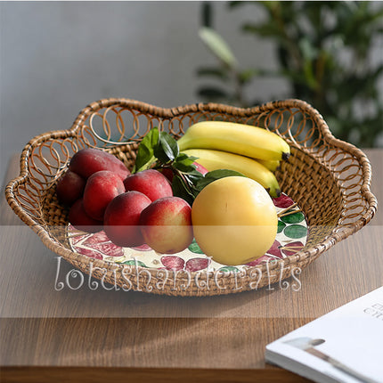 Luxury Handwoven Rattan Tray with Pressed Botanical Leaf Mosaic Inlay.