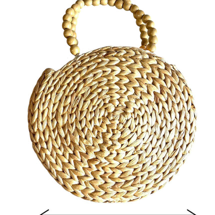 Handwoven Round Water Hyacinth Tote Bag with Wooden Bead Handles by Lotushandcrafts.