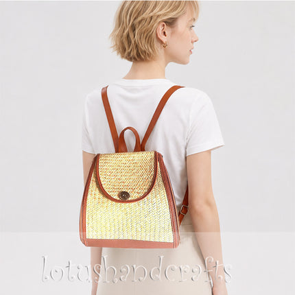 Handwoven Seagrass Backpack with Brown PU Leather Trim for Women. 