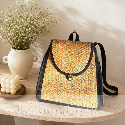 Handwoven Seagrass Backpack with Side Zipper Pockets.