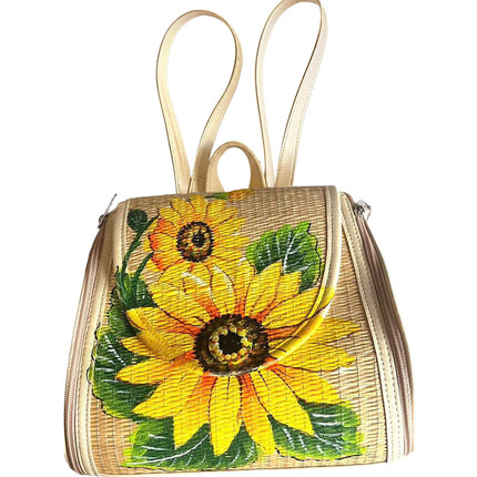 Handwoven Seagrass Backpack with Hand-Painted Sunflower by Lotushandcrafts.