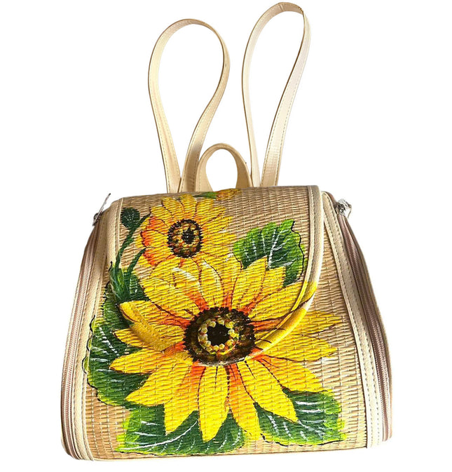 Handwoven Seagrass Backpack with Hand-Painted Sunflower by Lotushandcrafts.