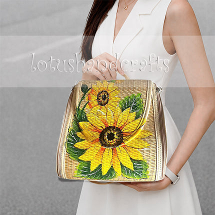 Handwoven seagrass backpack with a hand painted sunflower.
