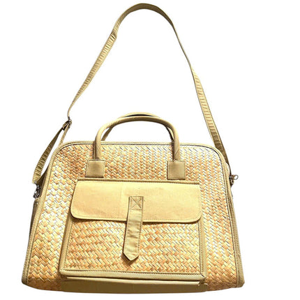 Eco-friendly handwoven seagrass work bag with front pocket.