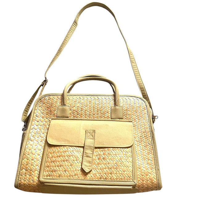 Eco-friendly handwoven seagrass work bag with front pocket.