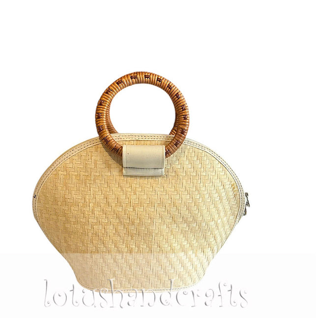 Cute Handwoven Seagrass Seashell Handbag with Round Bamboo Handle.