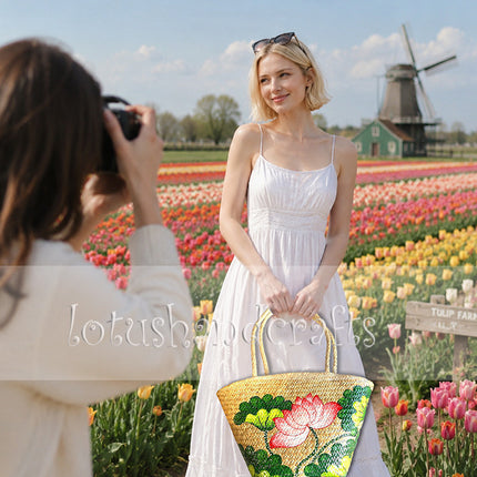 Floral Handwoven Seagrass Tote Bag with Hand-Painted Lotus Design.