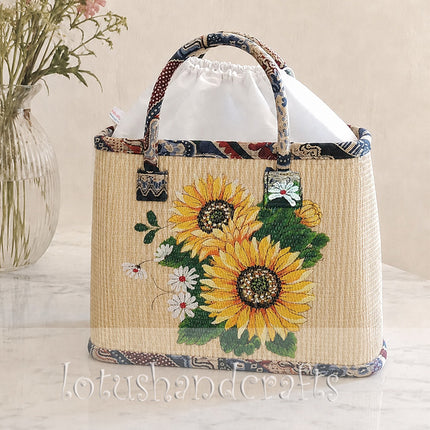 Handwoven Seagrass Tote Bag with Vibrant Hand Painted Sunflowers.