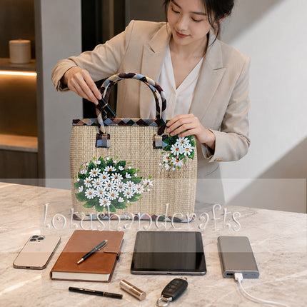 Handwoven seagrass tote bag with hand painted daisy design.