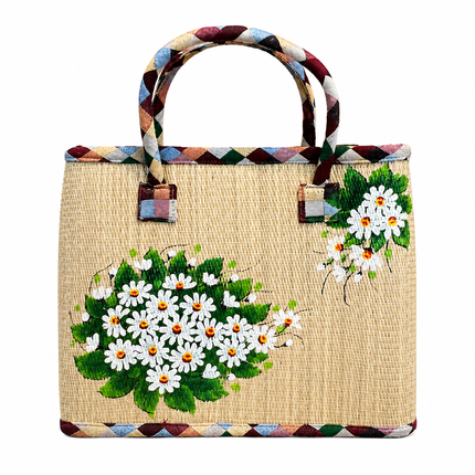 Cute handwoven seagrass tote bag with painted daisy design.