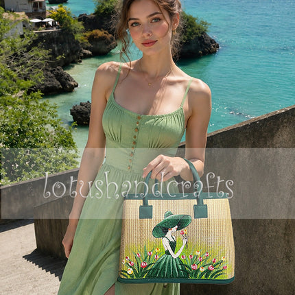 Handmade woven seagrass tote bag with elegant green lady artwork.