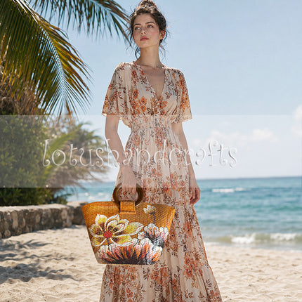 Handwoven seagrass tote bag with youthful hand painted blooming floral.