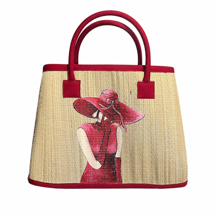 Handcrafted seagrass tote bag with hand painted elegant lady artwork.