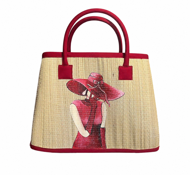 Handcrafted seagrass tote bag with hand painted elegant lady artwork.