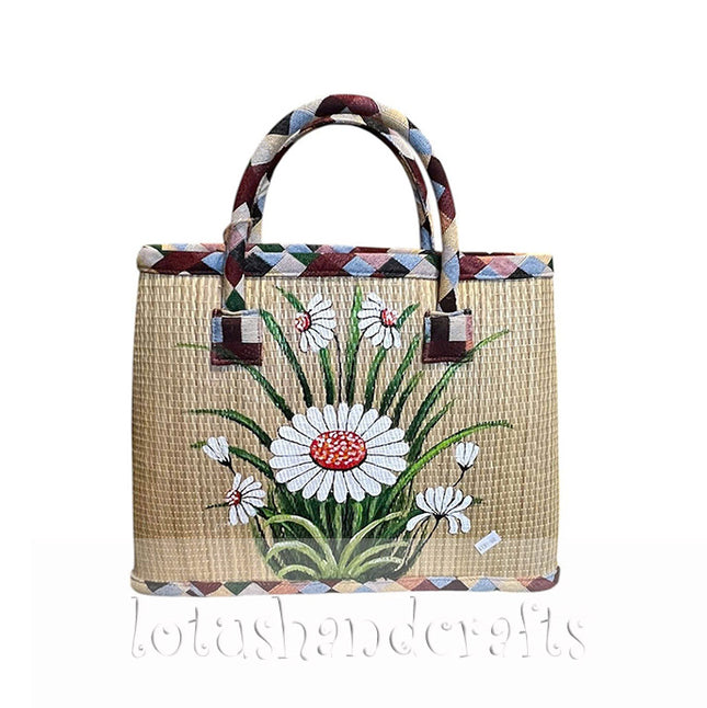 Handmade Woven Seagrass Tote Bag Featuring a Cute Hand-Painted White Daisy Garden.