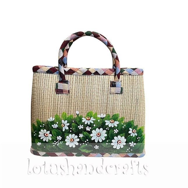 Handmade Woven Seagrass Tote Bag with Hand-Painted Wild Daisy Meadow Floral Design.