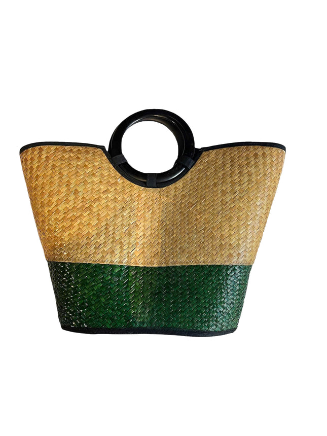 Handwoven seagrass tote bag with round black handles in forest green.