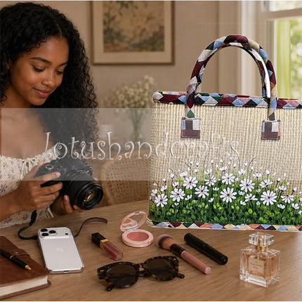 Handwoven seagrass tote bag featuring a hand-painted white wildflower meadow.