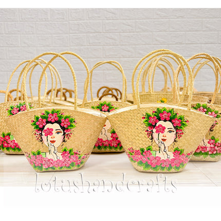 Hand painted straw tote bag with a romantic floral lady design.