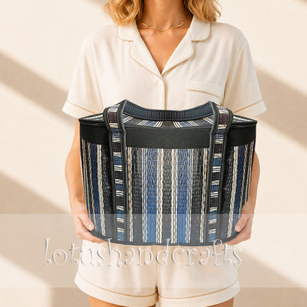 Handwoven Striped Seagrass Storage Basket Large Woven Basket with Lid Zipper.