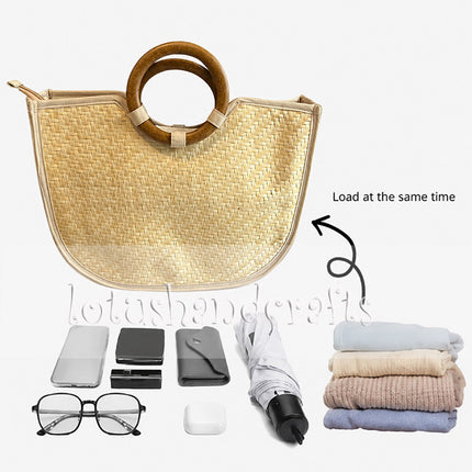 Handwoven straw tote bag with wooden ring handles.