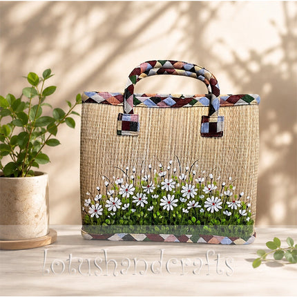 Handwoven Seagrass Tote Bag Featuring a Hand-Painted White Wildflower Meadow.