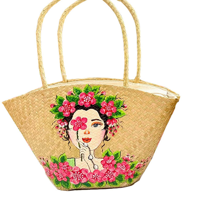 Hand painted straw tote bag with a romantic floral lady design.